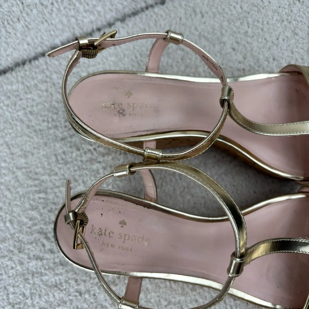 Kate Spade Sandal Womens 9M Gold Tallin Strappy Open Toe Espadrille Platform Wed